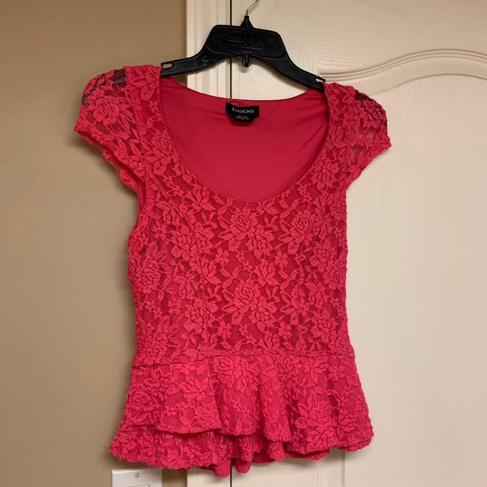 Bebe Vibrant Pink Peplum lace top
